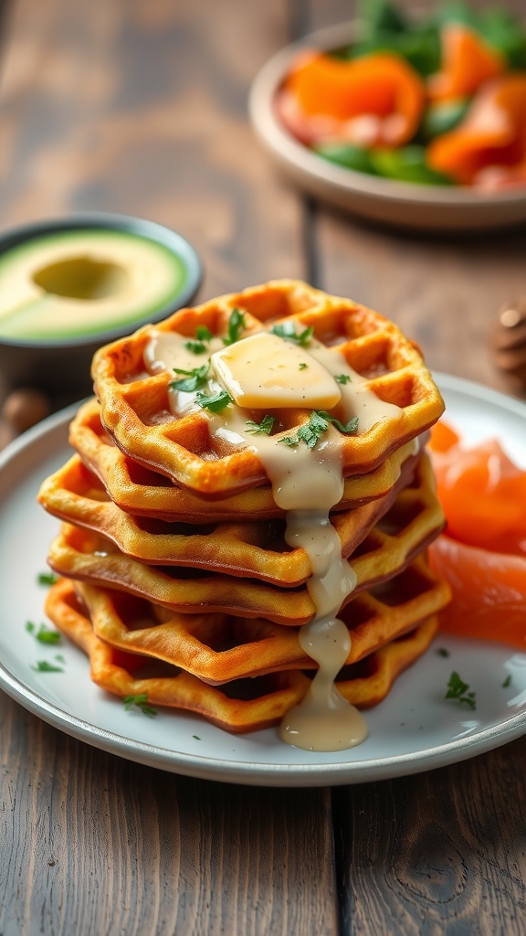 Crispy cheese chaffles served with avocado and smoked salmon on a rustic table.